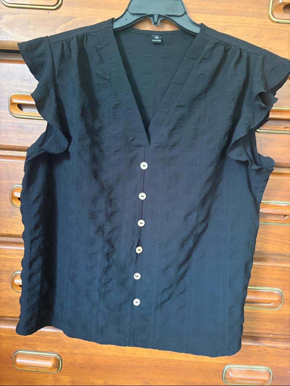 SHEIN Black V-Neck Button Front Ruffle Sleeve Top